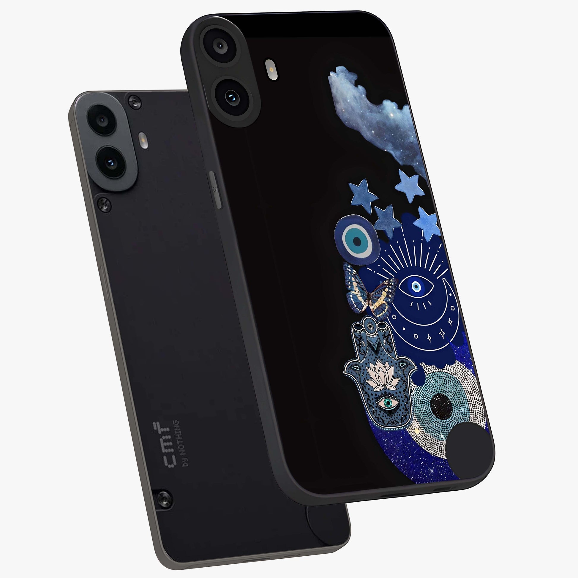 Galactic Charm Cluster Glass Case displayed in angled mockup highlighting luminous galaxy inspired design with dreamy aesthetic.