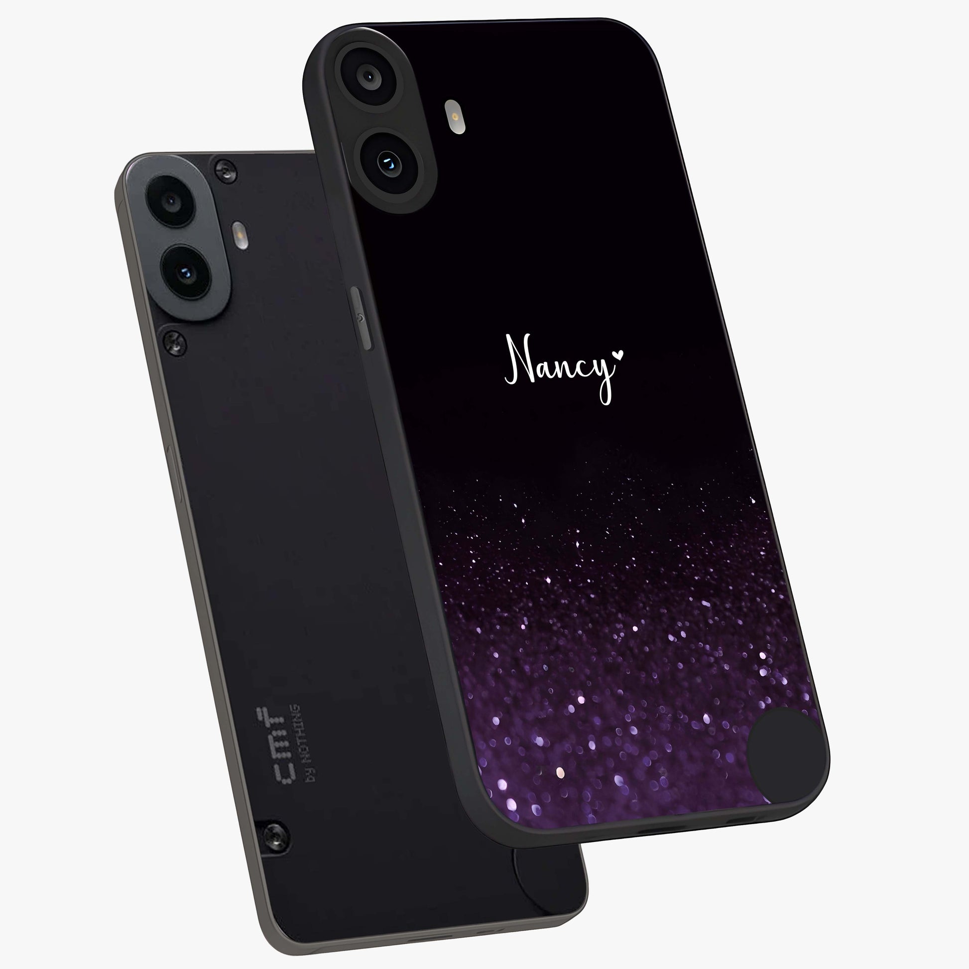 Glittery Purple Bokeh Custom Name Glass Case displayed in angled mockup highlighting glitter bokeh pattern with custom name feature.