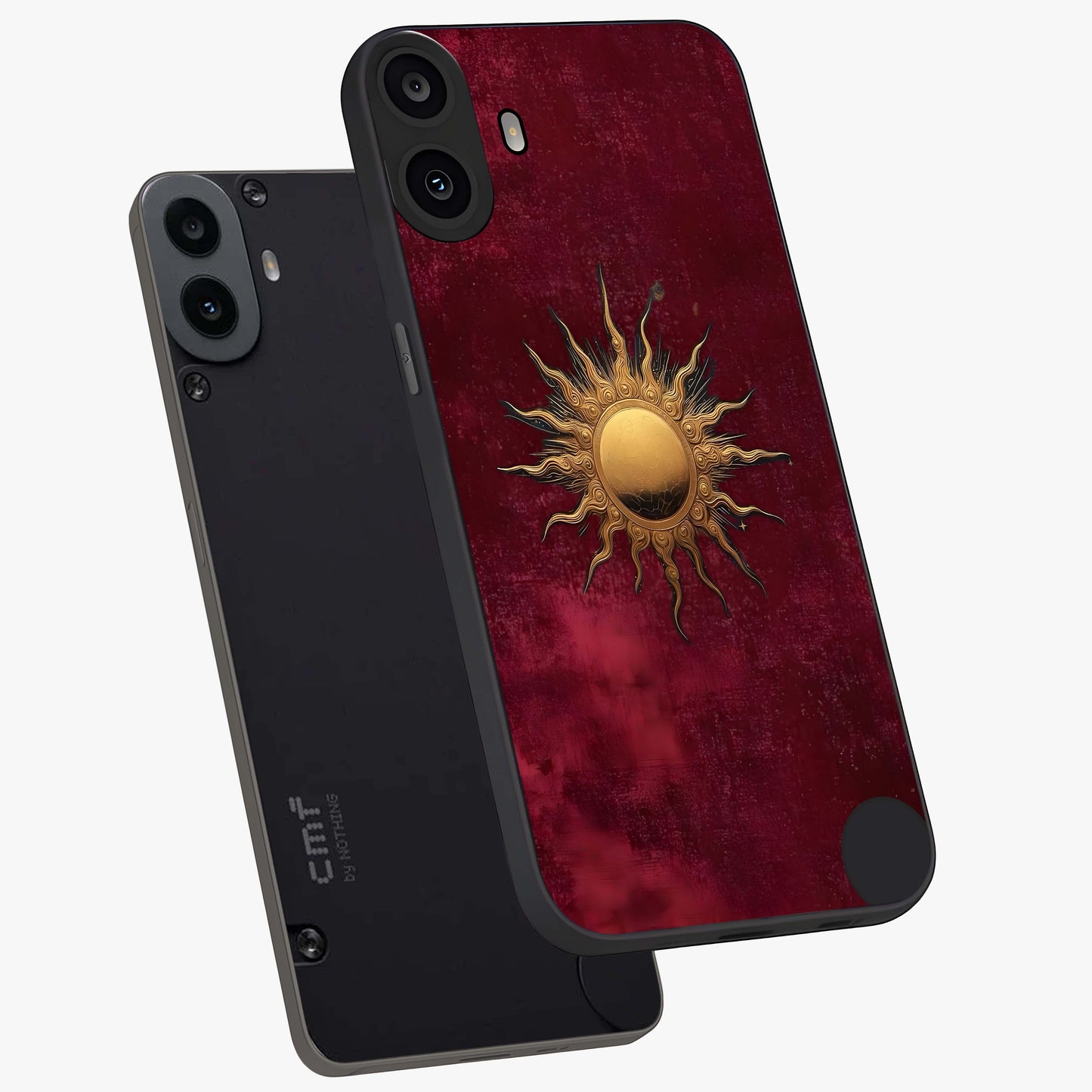 Golden Sun Minimalism Glass Case displayed in angled mockup highlighting clean sun symbol design with modern minimal aesthetic.