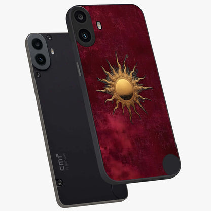 Golden Sun Minimalism Glass Case displayed in angled mockup highlighting clean sun symbol design with modern minimal aesthetic.