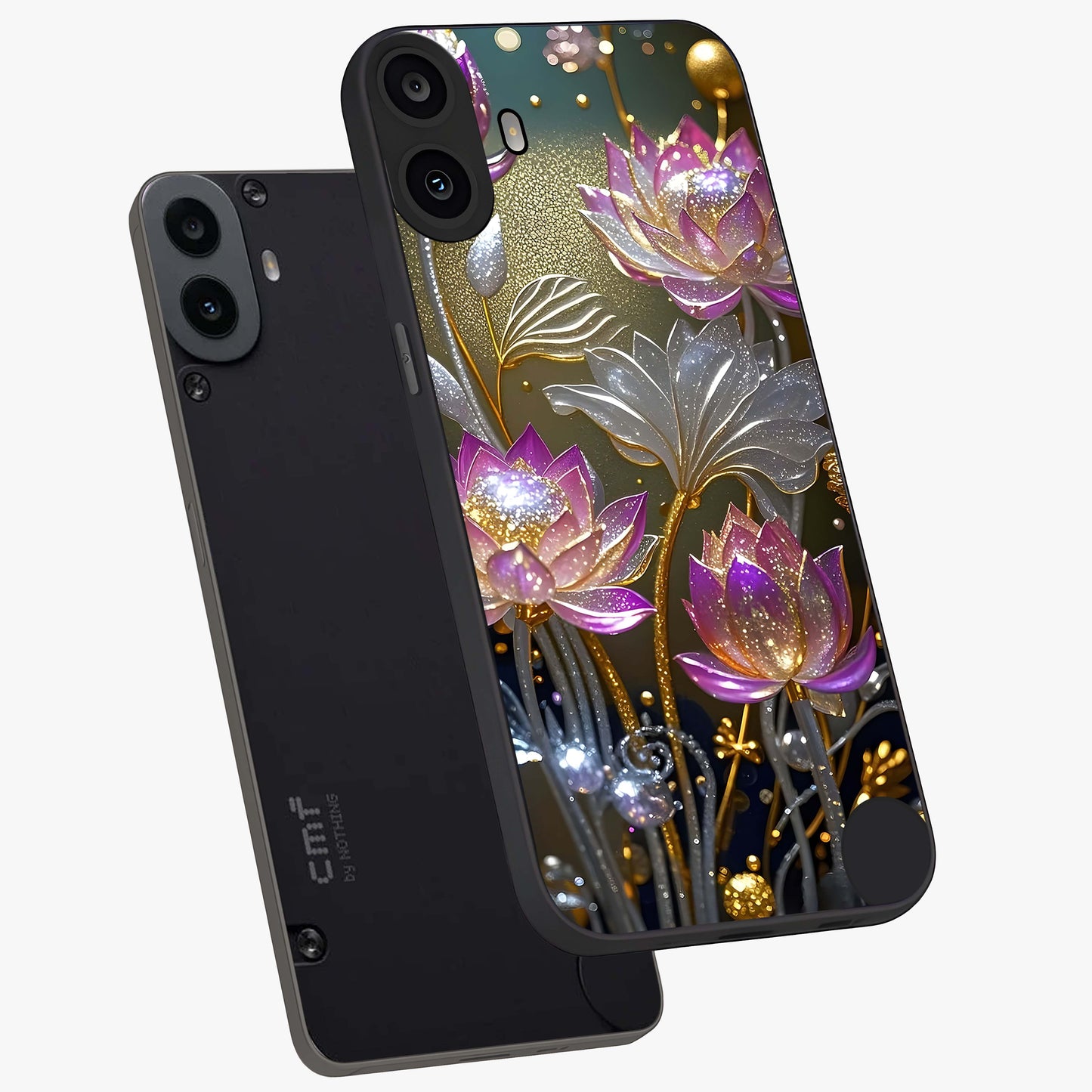 Golden Floral Majesty Glass Case displayed in angled mockup highlighting elegant flower design with royal golden aesthetic.