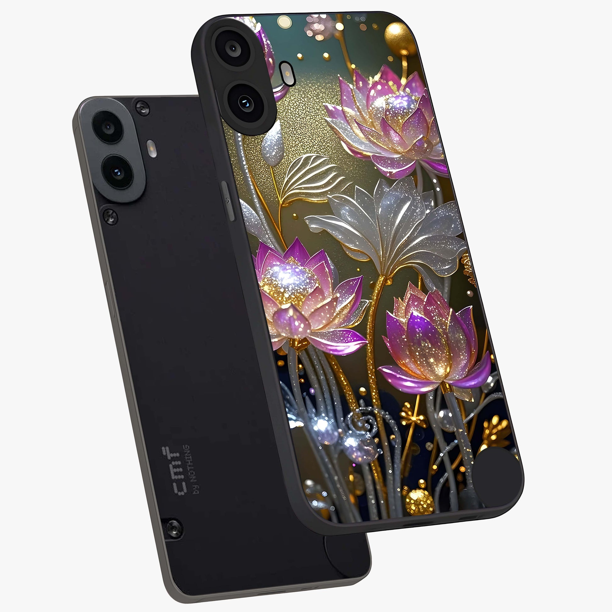Golden Floral Majesty Glass Case displayed in angled mockup highlighting elegant flower design with royal golden aesthetic.