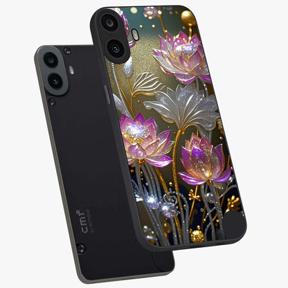 Golden Floral Majesty Glass Case displayed in angled mockup highlighting elegant flower design with royal golden aesthetic.