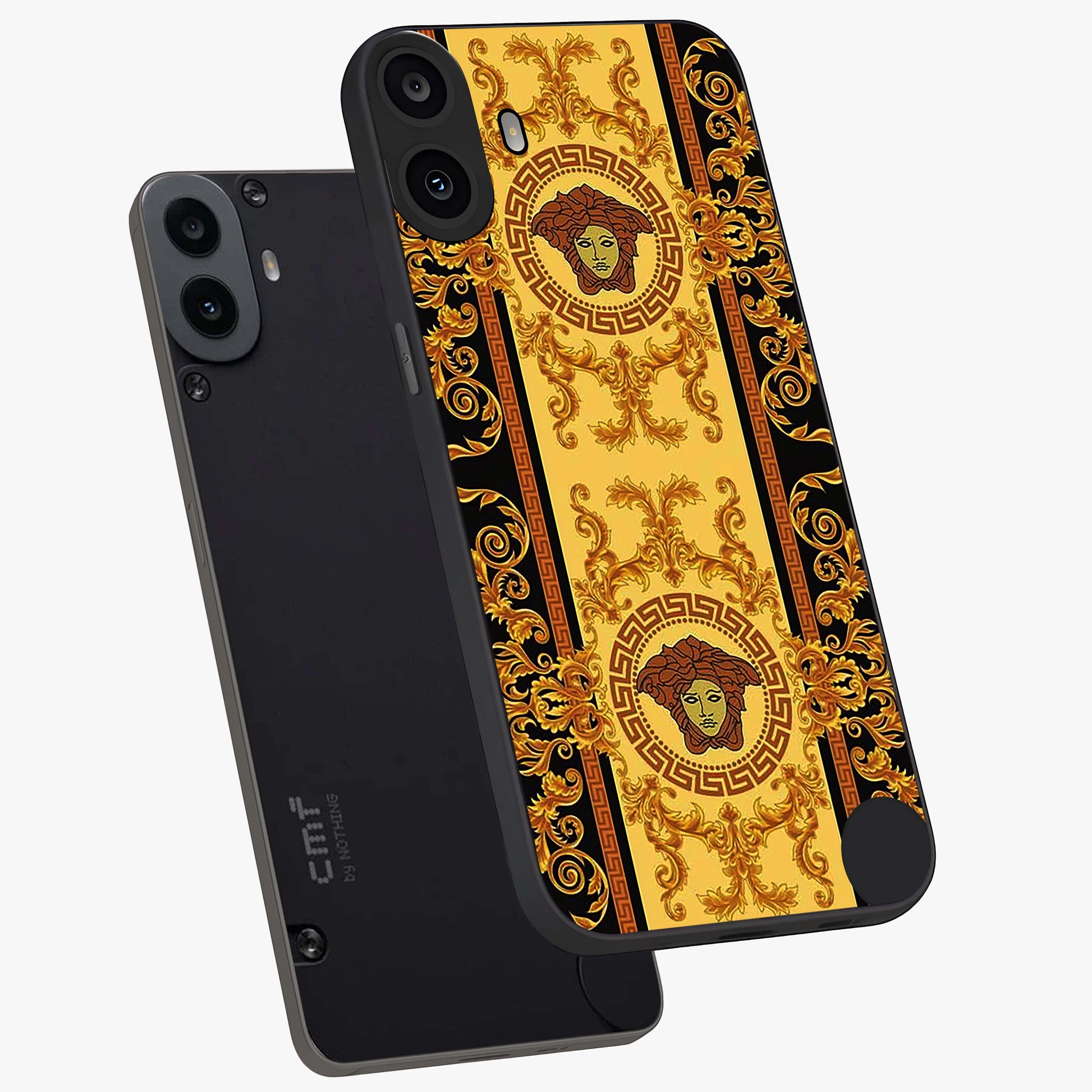 Golden Lotus Glow Glass Case displayed in angled mockup highlighting radiant lotus illustration with spiritual aesthetic.