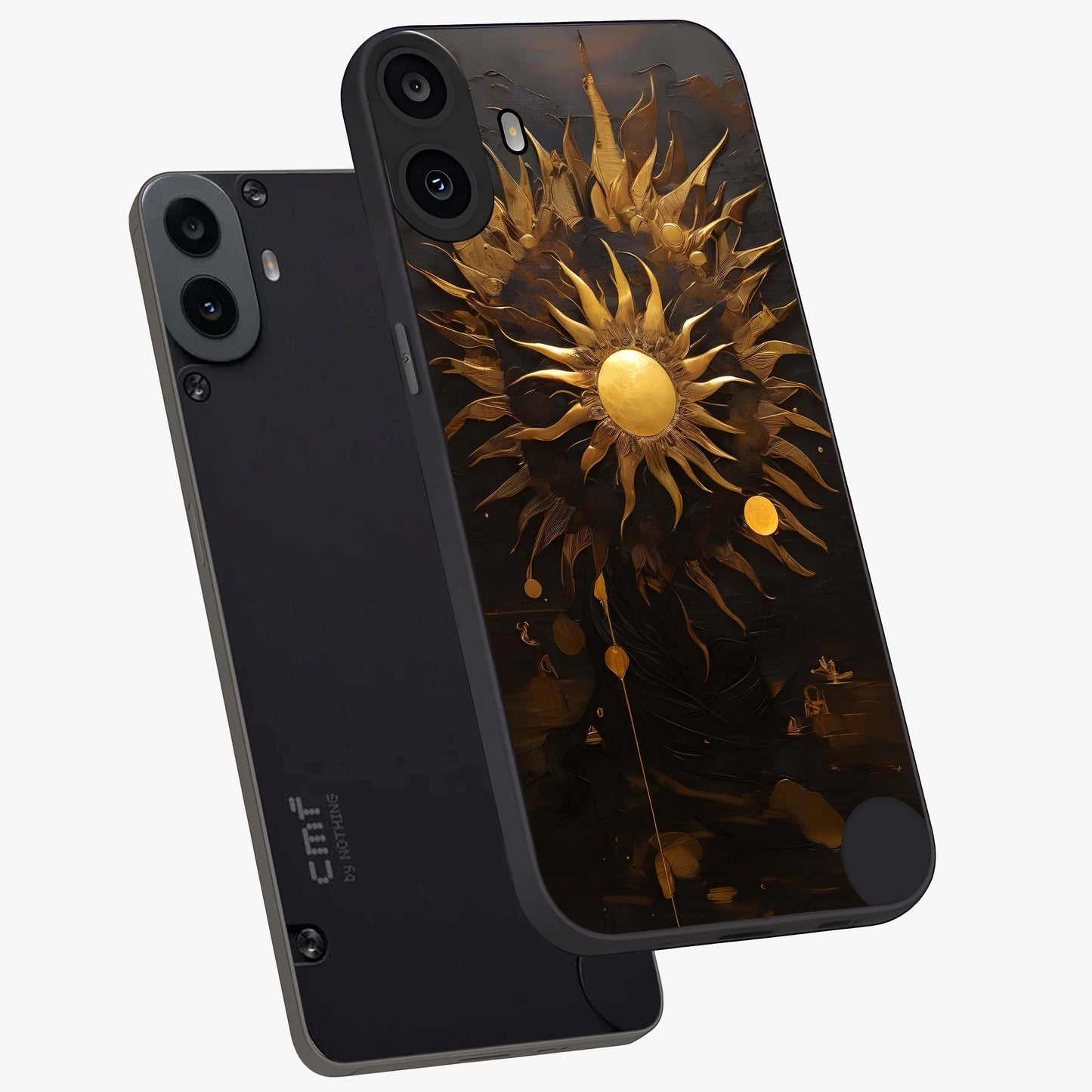 Golden Sun Majesty Glass Case displayed in angled mockup highlighting eerie shadow illustration with gothic aesthetic.