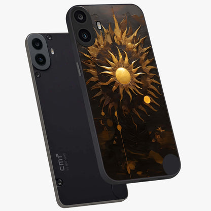 Golden Sun Majesty Glass Case displayed in angled mockup highlighting eerie shadow illustration with gothic aesthetic.