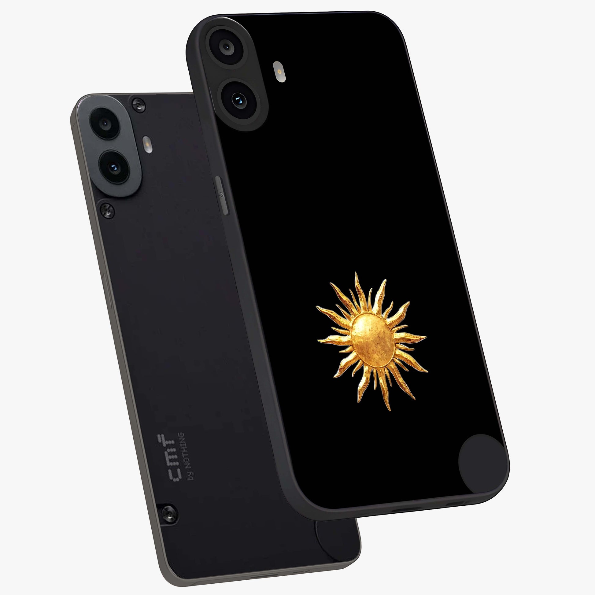 Golden Sun Minimalism Glass Case displayed in angled mockup highlighting eerie shadow illustration with gothic aesthetic.