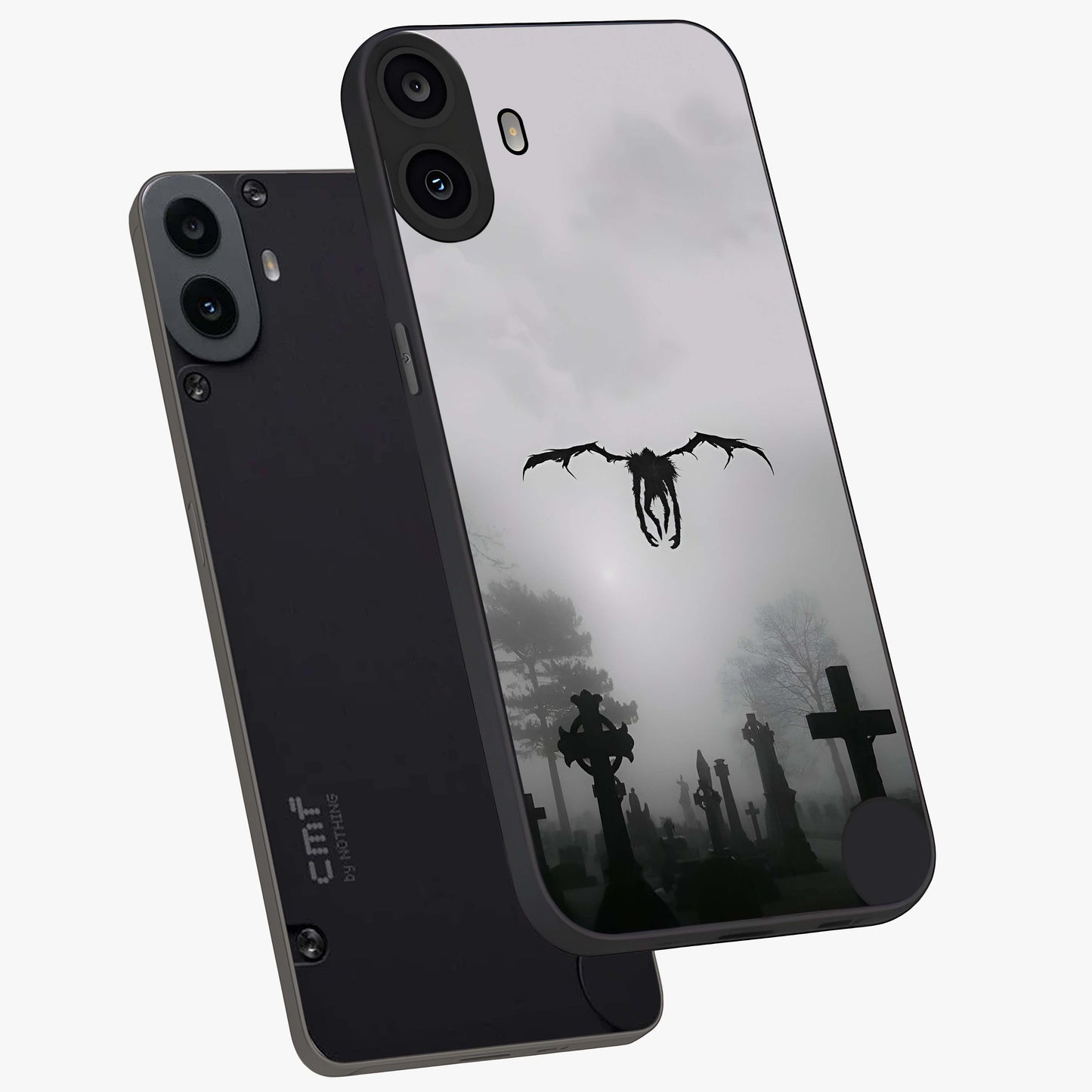 Graveyard Shadow Descent Glass Case displayed in angled mockup highlighting eerie shadow illustration with gothic aesthetic.