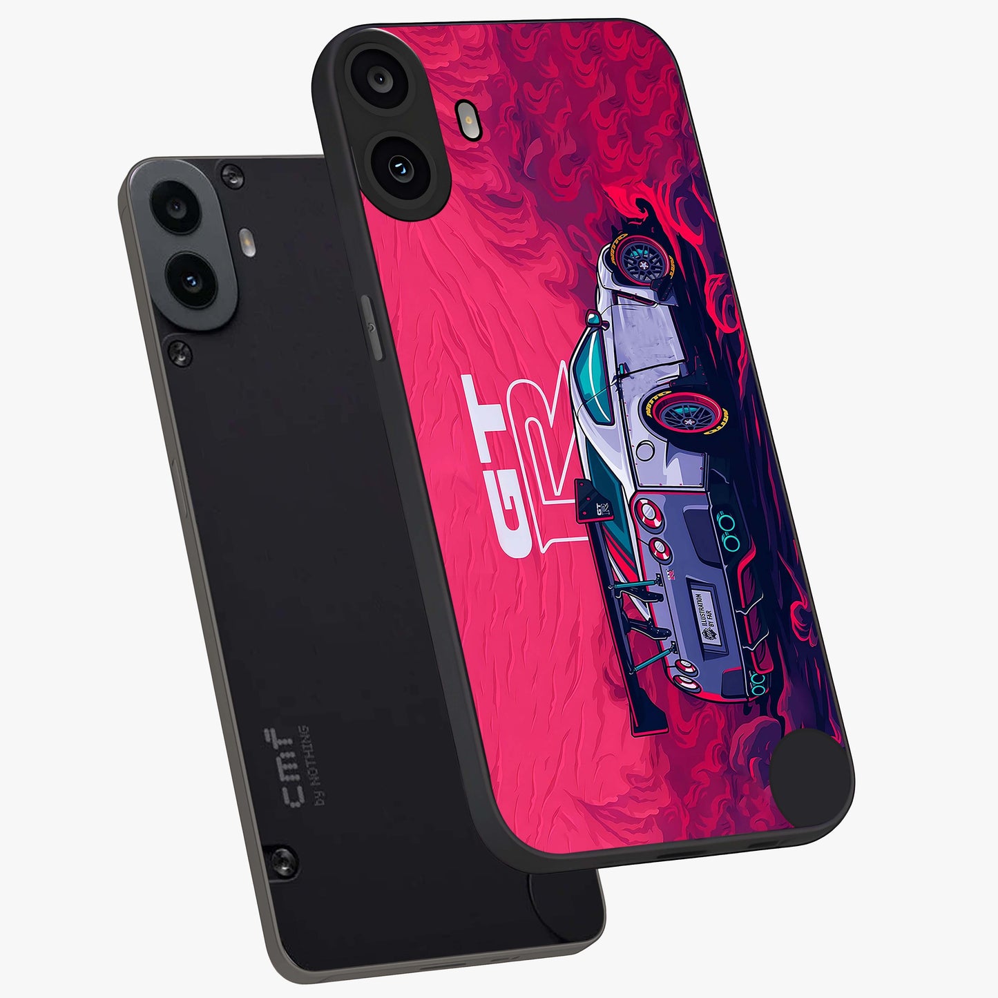 GT-R Car Pattern Glass Case displayed in angled mockup highlighting racing car graphic design with bold automotive aesthetic.