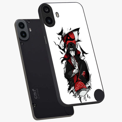 Itachi Limited Edition Naruto Anime Glass Case displayed in angled mockup highlighting dramatic anime illustration with bold action aesthetic.