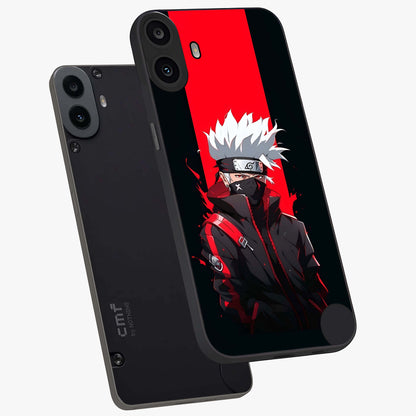 Kakashi Scarlet Shadow Glass Case displayed in angled mockup highlighting dramatic ninja illustration with scarlet themed aesthetic.