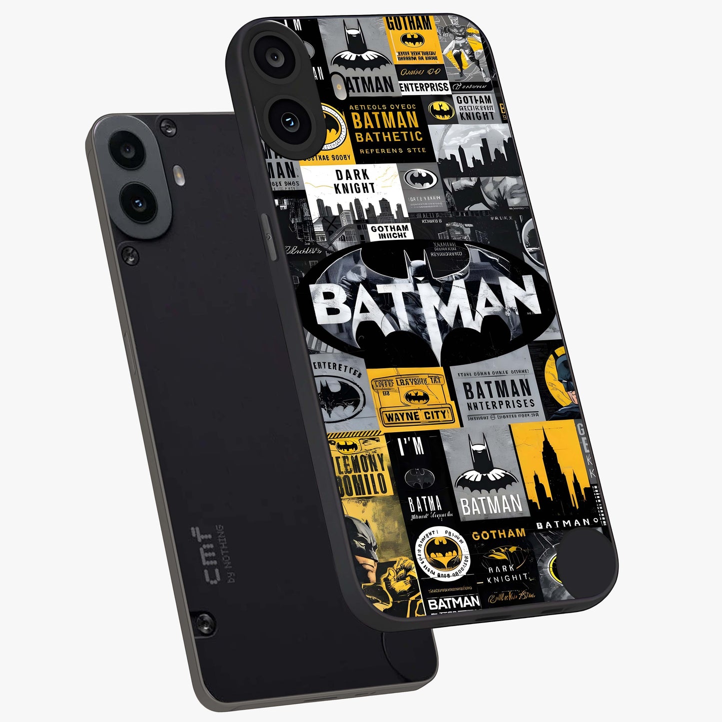 Knight Gotham Rise Glass Case displayed in angled mockup highlighting powerful knight silhouette design with dramatic aesthetic.