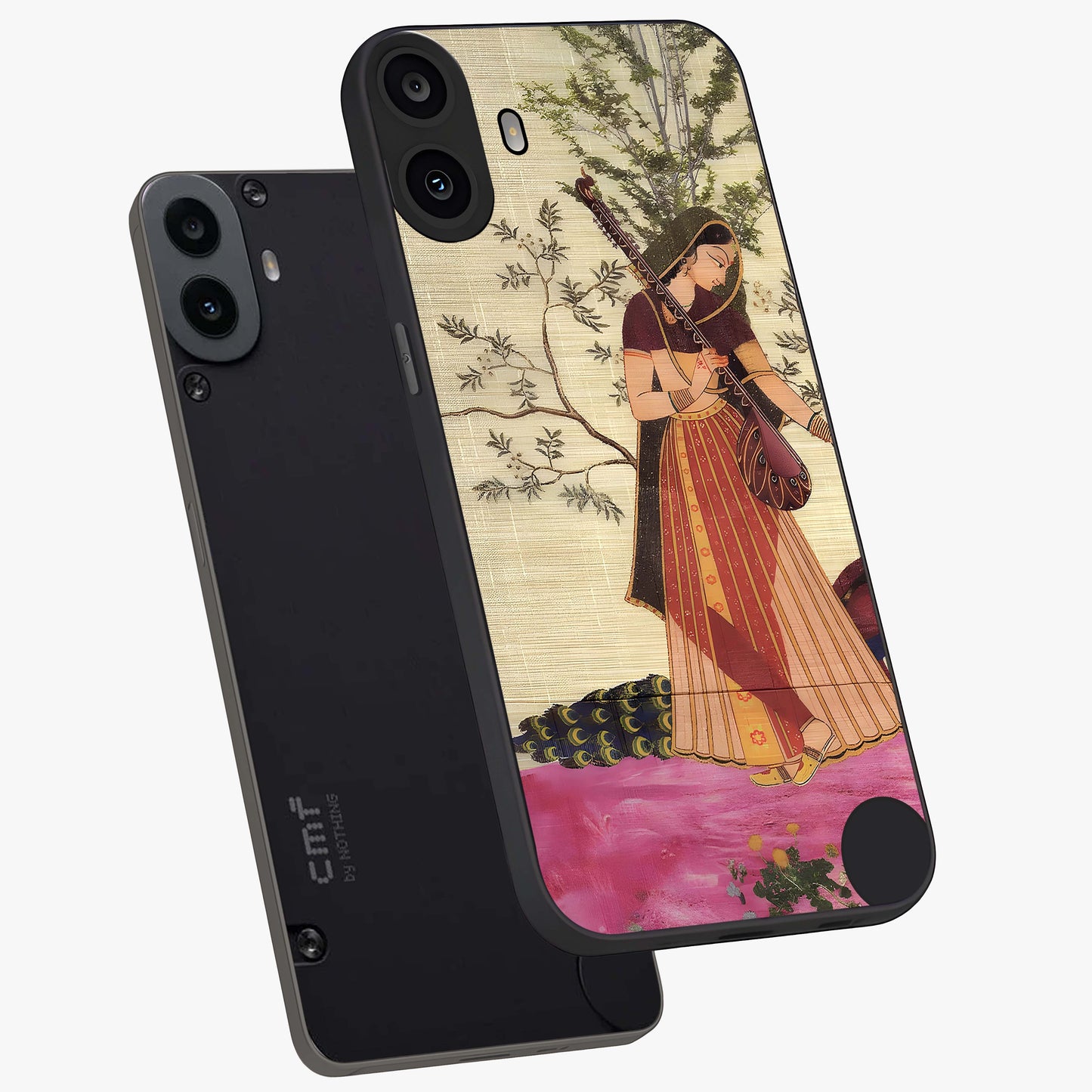 Lady With Veena Art Glass Case displayed in angled mockup highlighting graceful musical illustration with cultural artistic aesthetic.