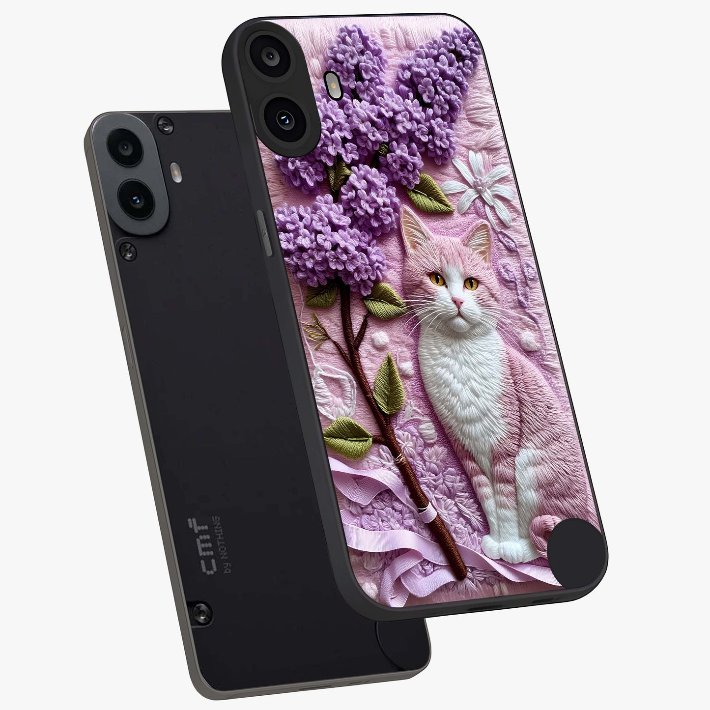 Lavender Cat Whimsy Glass Case displayed in angled mockup highlighting playful feline illustration with pastel lavender aesthetic.