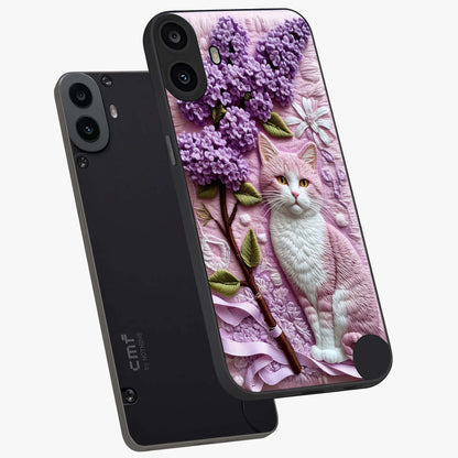 Lavender Cat Whimsy Glass Case displayed in angled mockup highlighting playful feline illustration with pastel lavender aesthetic.