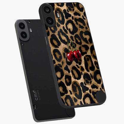 Leopard Wild Cherry Glass Case displayed in angled mockup highlighting bold animal print design with playful cherry aesthetic.