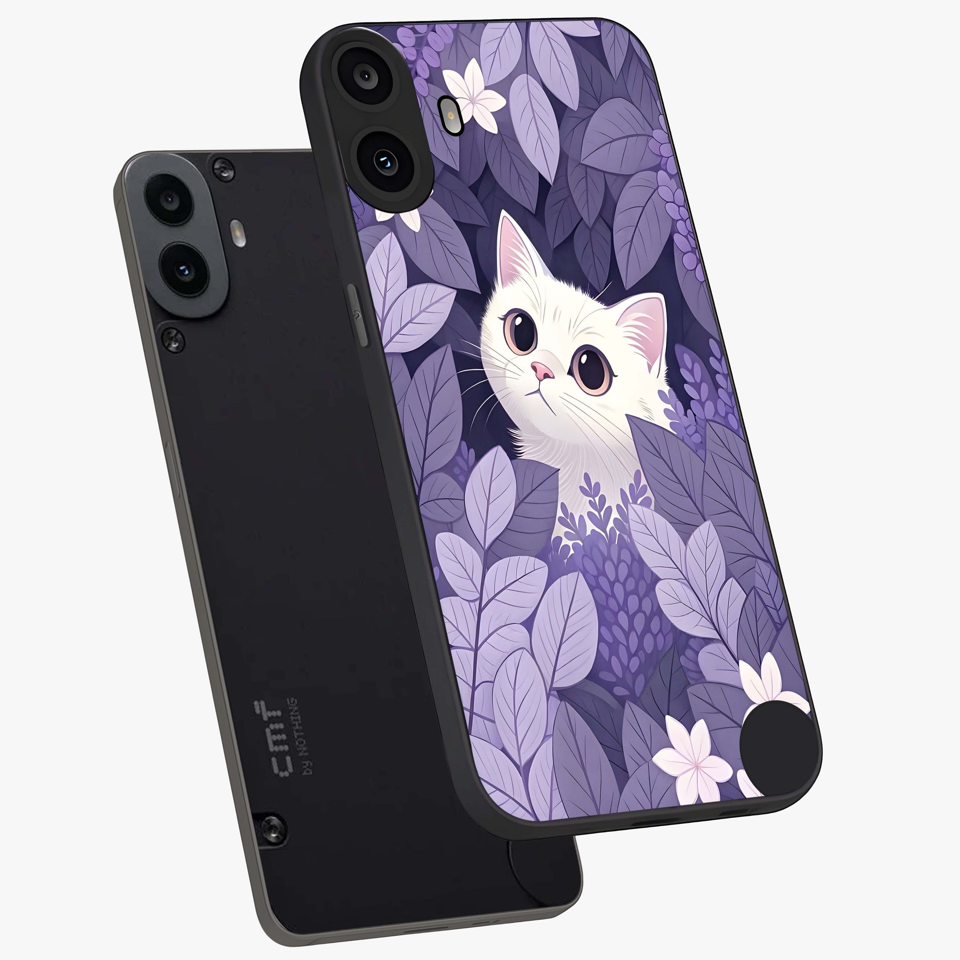 Lilac Hide Peek Cat Glass Case displayed in angled mockup highlighting playful feline illustration with lilac aesthetic design.