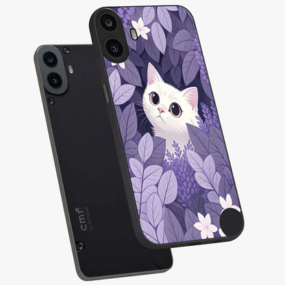 Lilac Hide Peek Cat Glass Case displayed in angled mockup highlighting playful feline illustration with lilac aesthetic design.