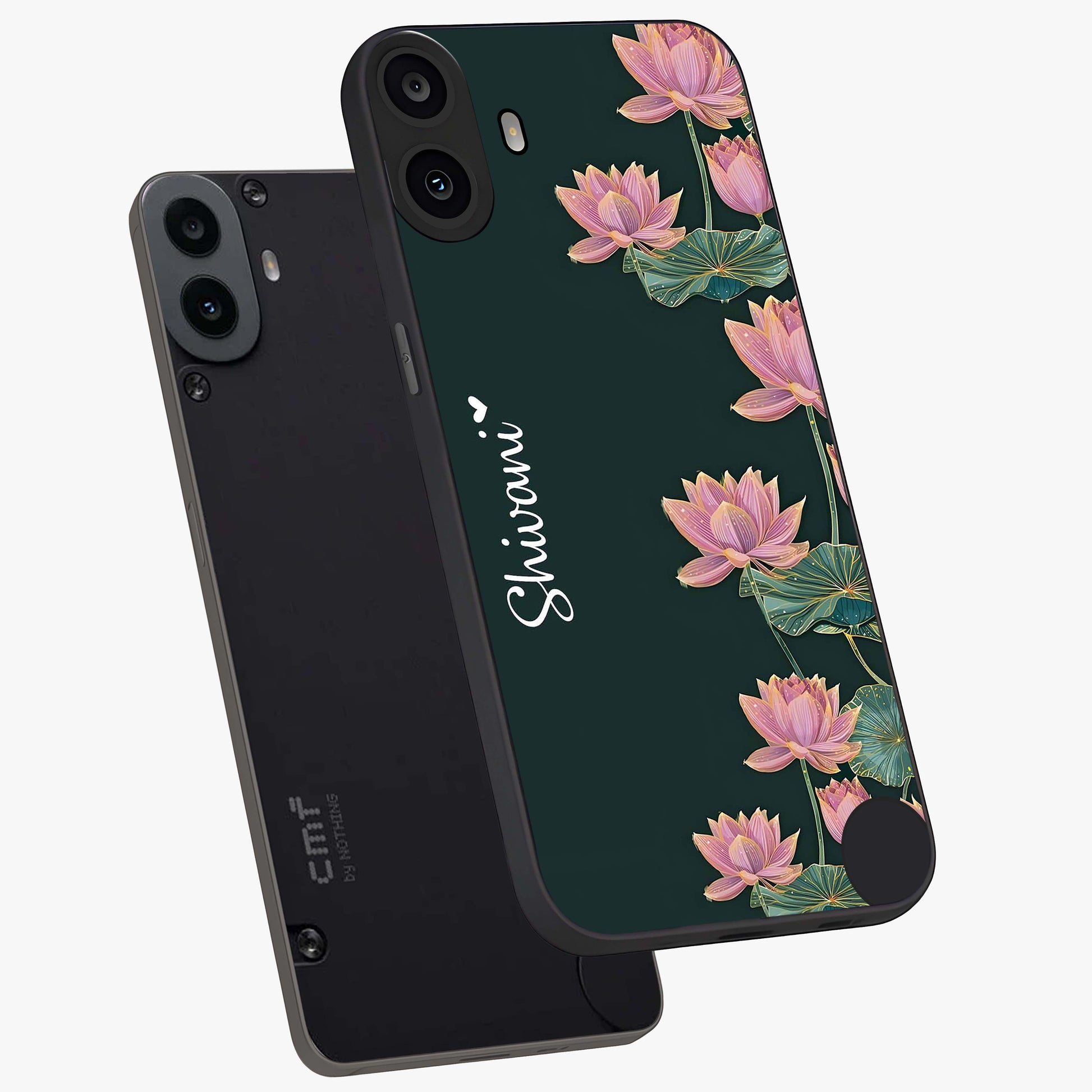 Lotus Bloom Serenity Custom Name Glass Case displayed in angled mockup highlighting graceful lotus illustration with custom name feature.