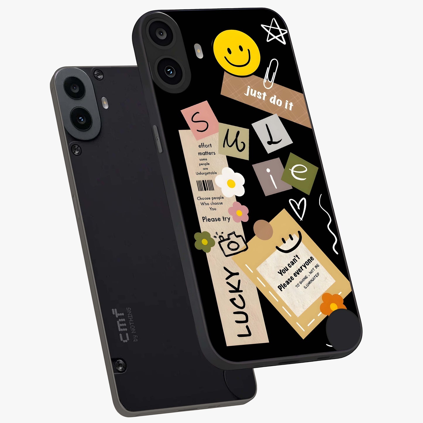 Lucky Aesthetic Collage Glass Case displayed in angled mockup highlighting stylish collage pattern with modern aesthetic vibe.