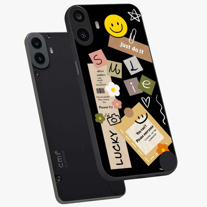 Lucky Aesthetic Collage Glass Case displayed in angled mockup highlighting stylish collage pattern with modern aesthetic vibe.
