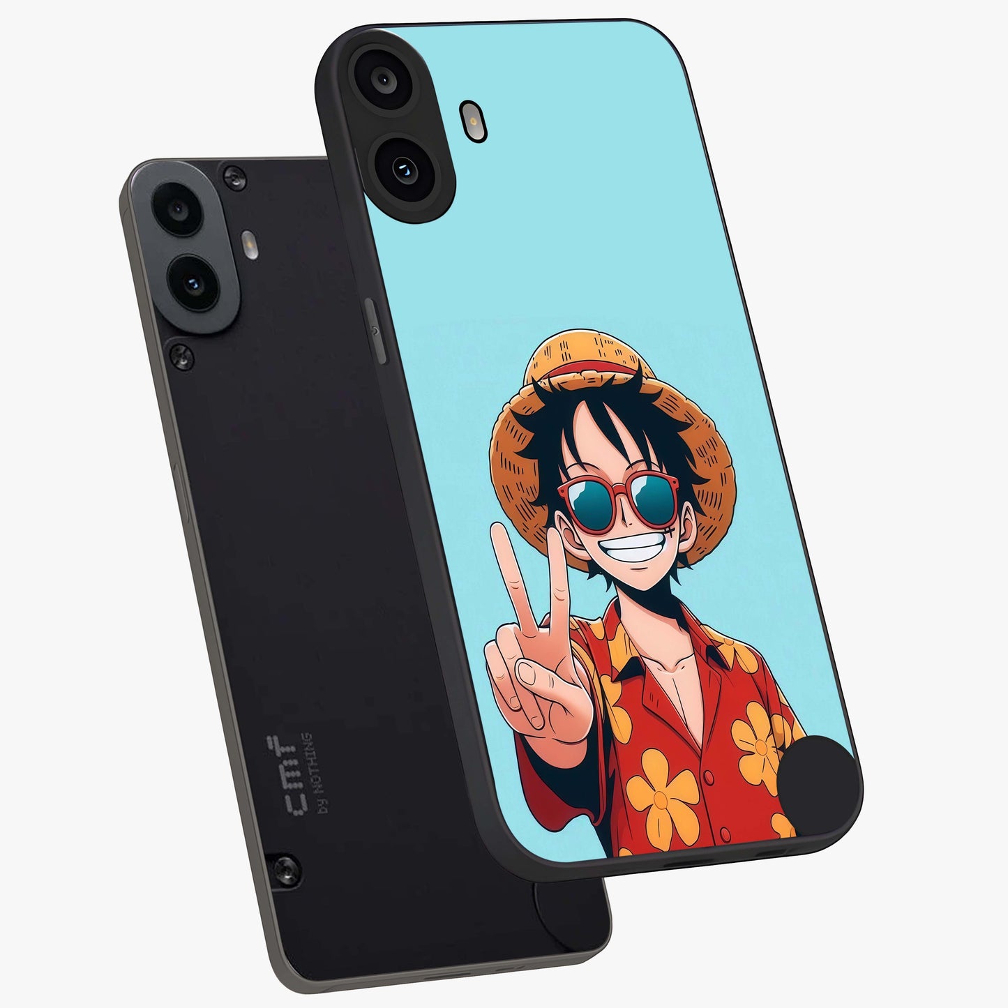 Luffy Summer Anime Vibe Glass Case displayed in angled mockup highlighting energetic anime illustration with summer vibe aesthetic.
