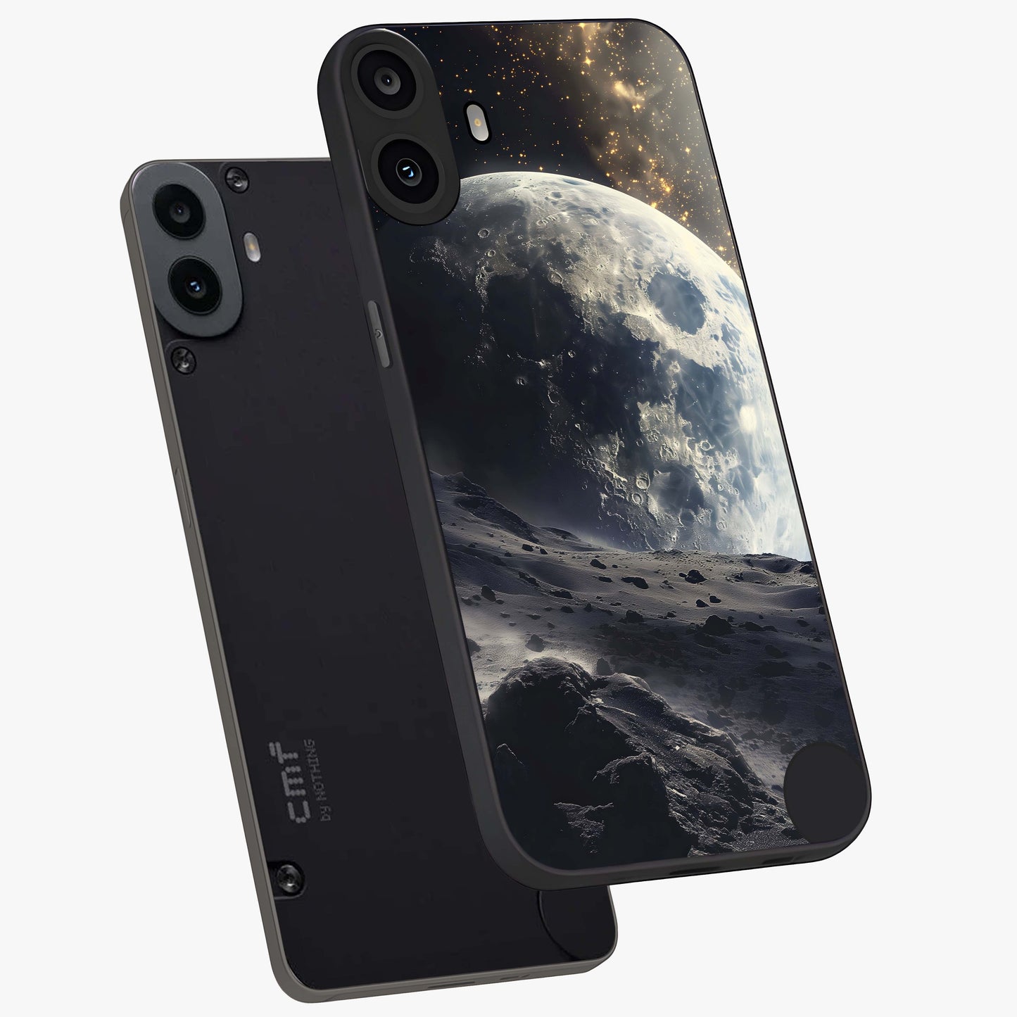 Lunar Horizon Glow Glass Case displayed in angled mockup highlighting celestial moon design with dreamy night aesthetic.