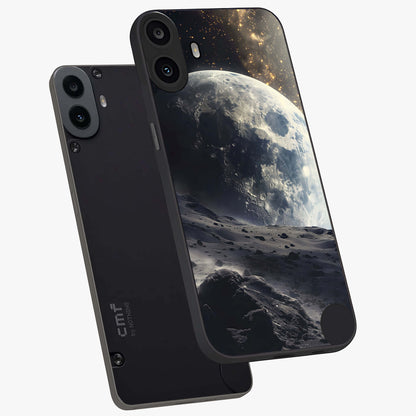 Lunar Horizon Glow Glass Case displayed in angled mockup highlighting celestial moon design with dreamy night aesthetic.