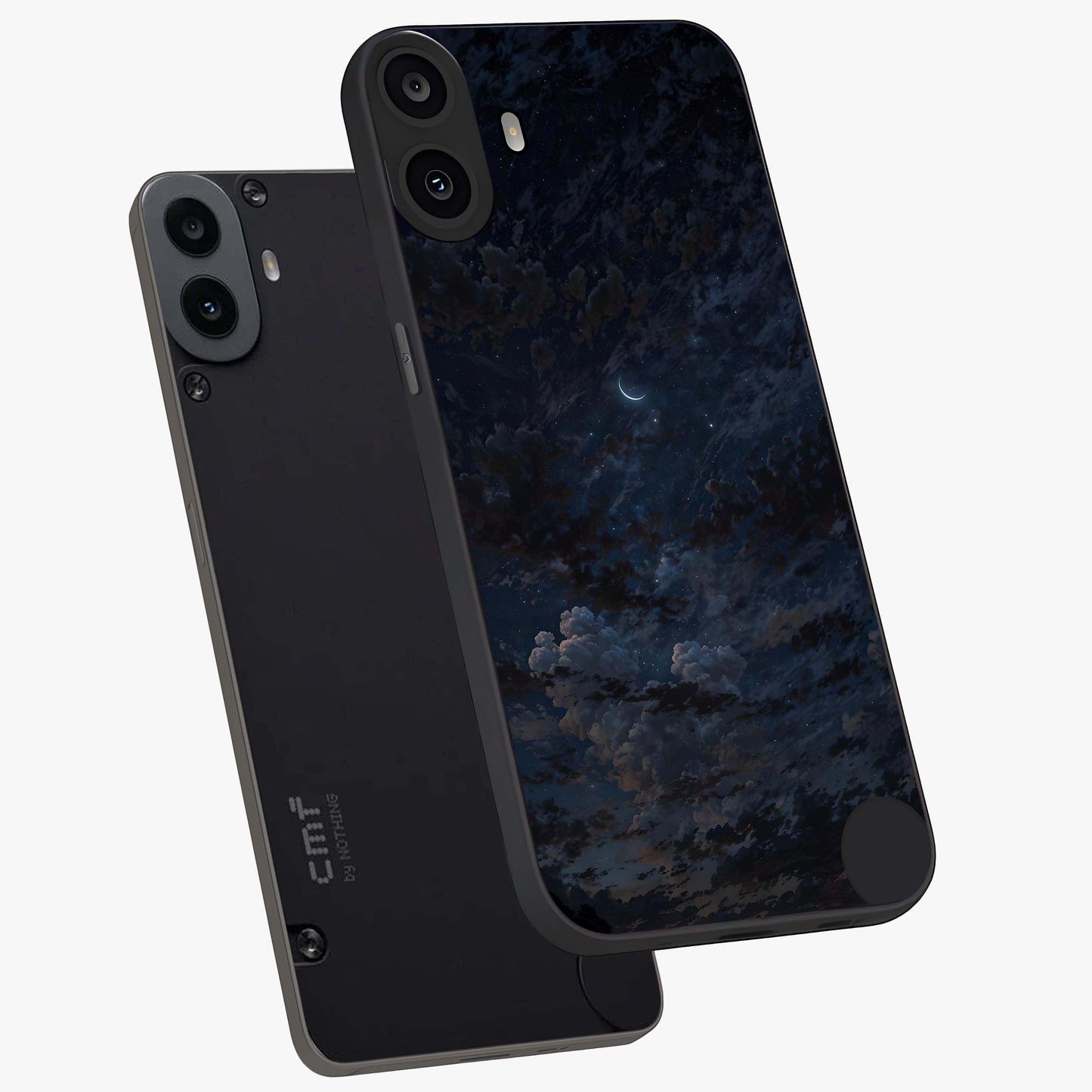 Lunar Veil Silence Glass Case displayed in angled mockup highlighting soft lunar design with peaceful celestial aesthetic.