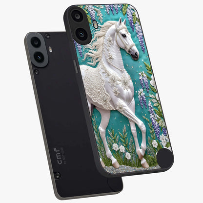Majestic Floral Stallion Glass Case displayed in angled mockup highlighting majestic stallion illustration with elegant floral aesthetic.
