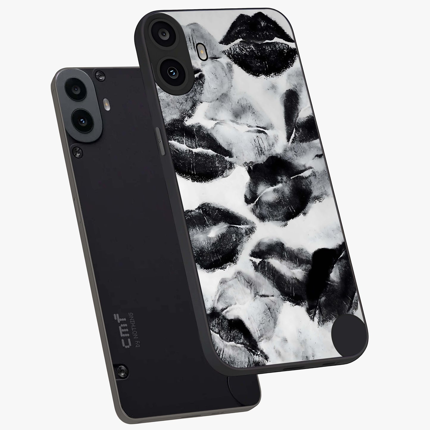 Midnight Kiss Marks Glass Case displayed in angled mockup highlighting playful romantic design with bold midnight aesthetic.
