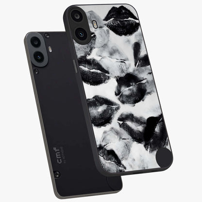 Midnight Kiss Marks Glass Case displayed in angled mockup highlighting playful romantic design with bold midnight aesthetic.