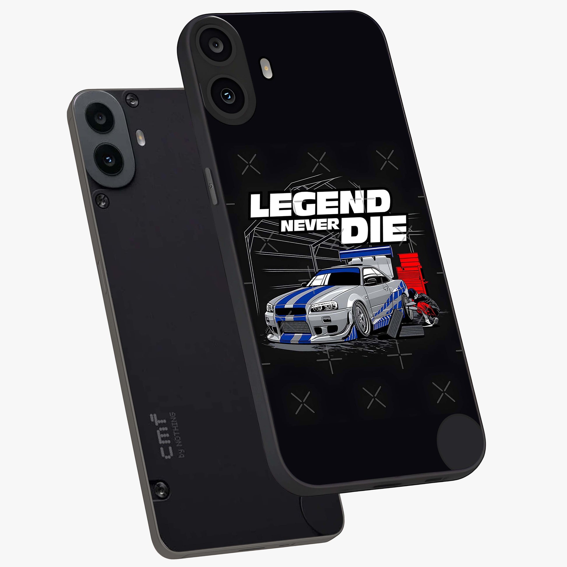Midnight Racing Legacy Glass Case displayed in angled mockup highlighting dynamic automotive design with bold midnight aesthetic.