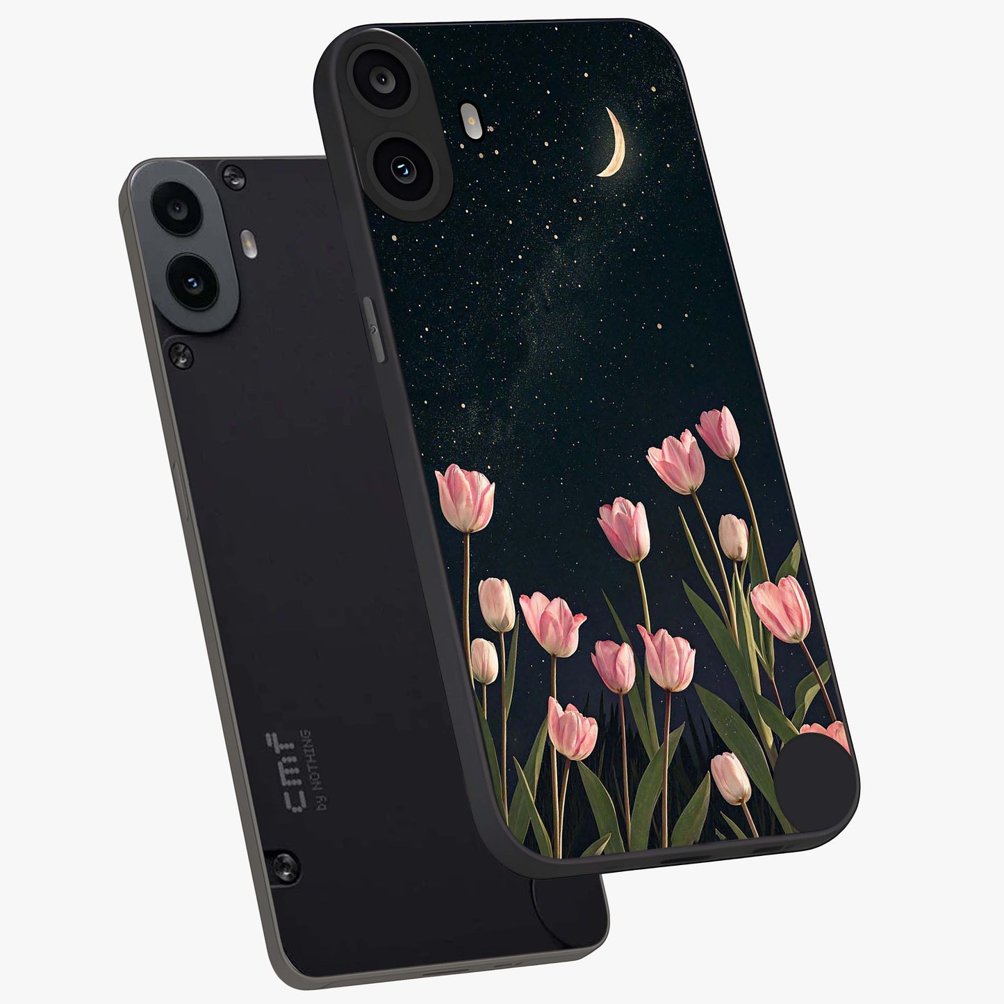 Midnight Tulip Whispers Vibe Glass Case displayed in angled mockup highlighting delicate tulip design with midnight floral aesthetic.