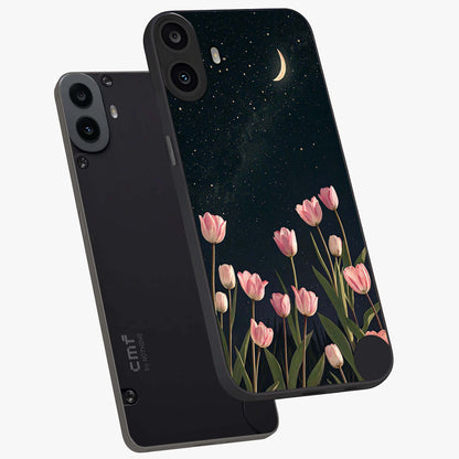 Midnight Tulip Whispers Vibe Glass Case displayed in angled mockup highlighting delicate tulip design with midnight floral aesthetic.