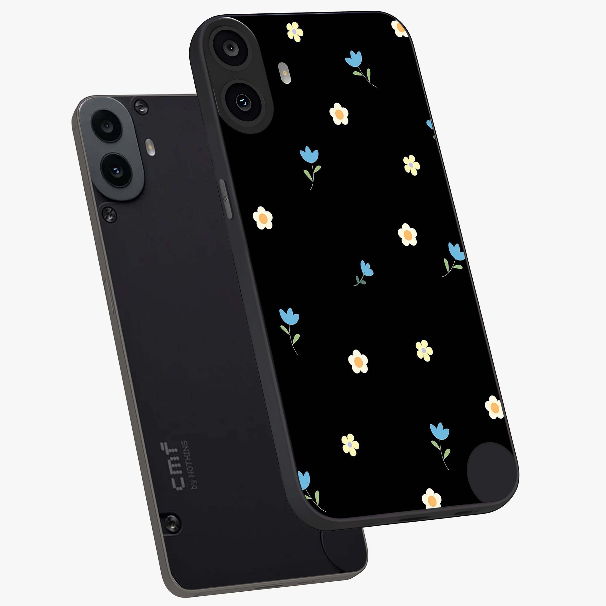 Minimal Petal Whispers Glass Case displayed in angled mockup highlighting delicate petal design with clean minimal aesthetic.