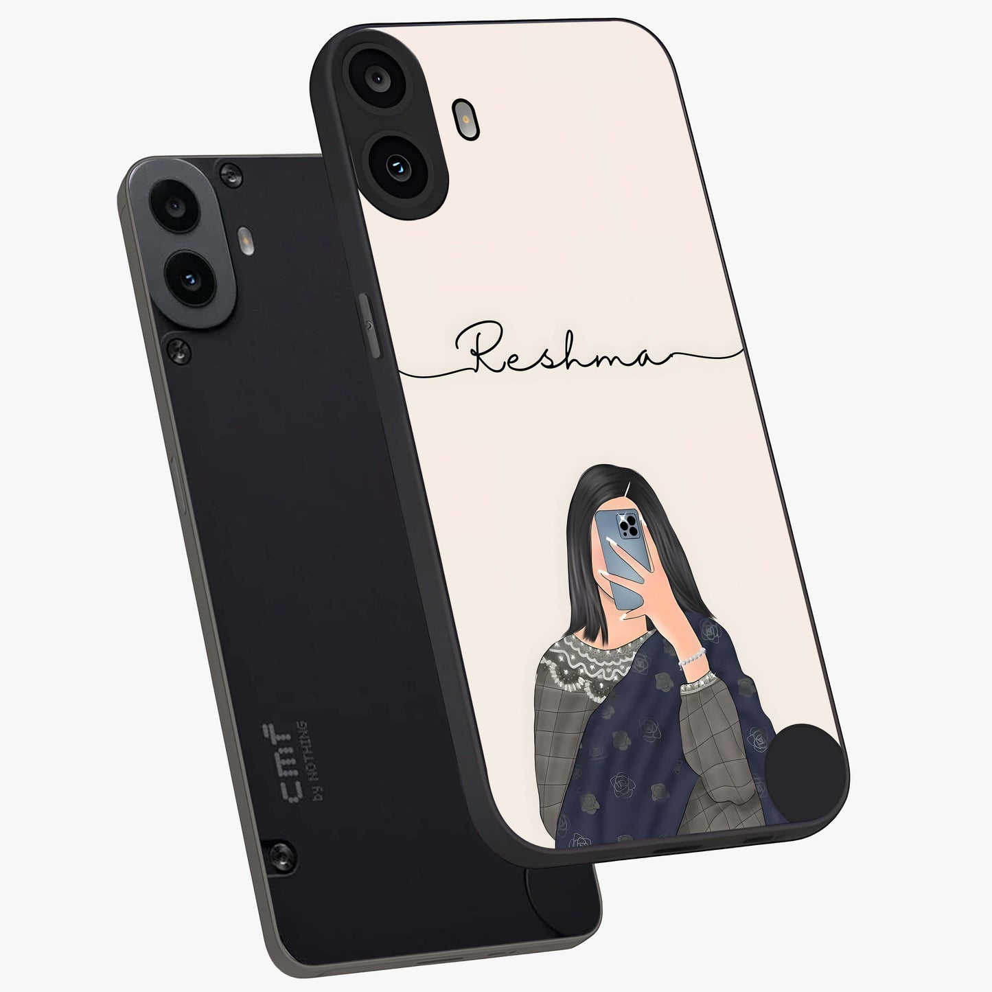 Mirror Mood Muse With Custom Name Glass Case displayed in angled mockup highlighting aesthetic mirror inspired design with custom name feature.