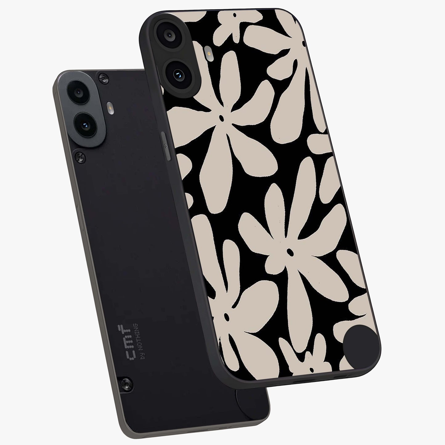 Monochrome Petal Dance Glass Case displayed in angled mockup highlighting elegant petal design with black and white aesthetic.