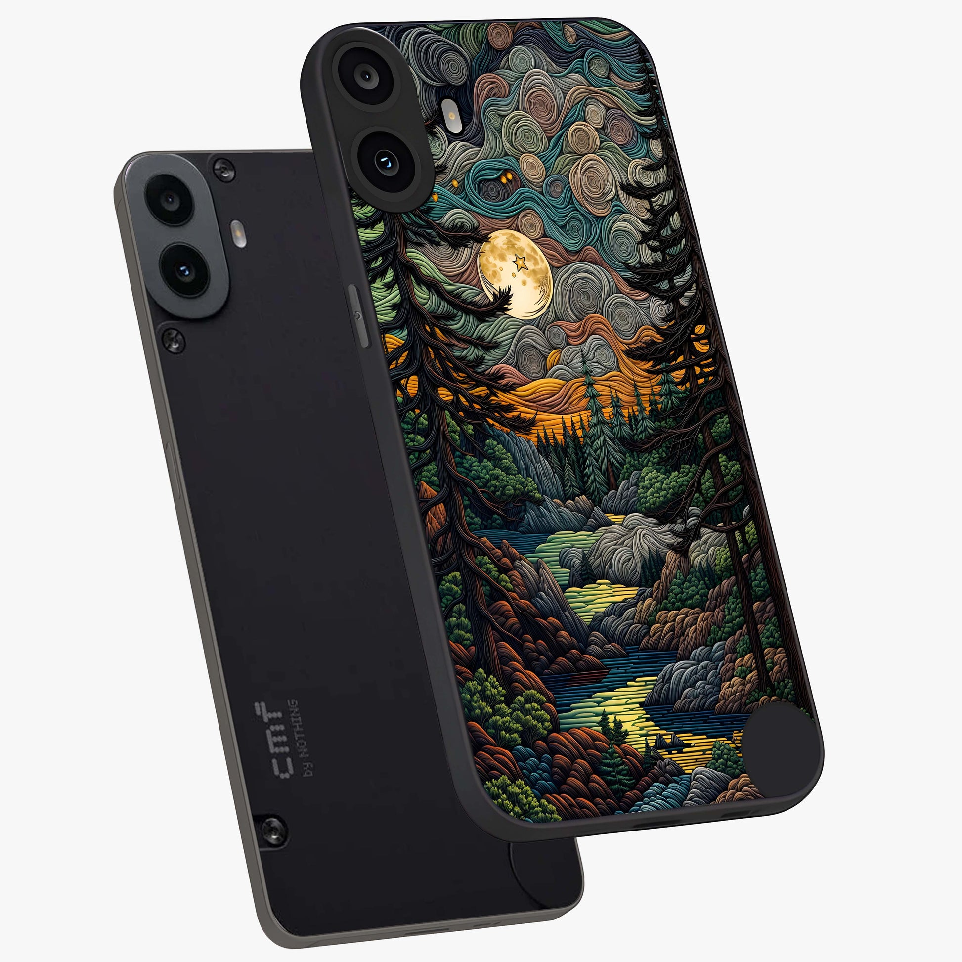 Moonlight Forest Dream Glass Case displayed in angled mockup highlighting dreamy forest design with glowing moon aesthetic.