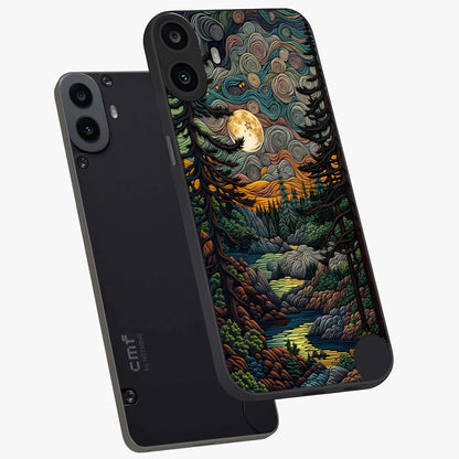 Moonlight Forest Dream Glass Case displayed in angled mockup highlighting dreamy forest design with glowing moon aesthetic.