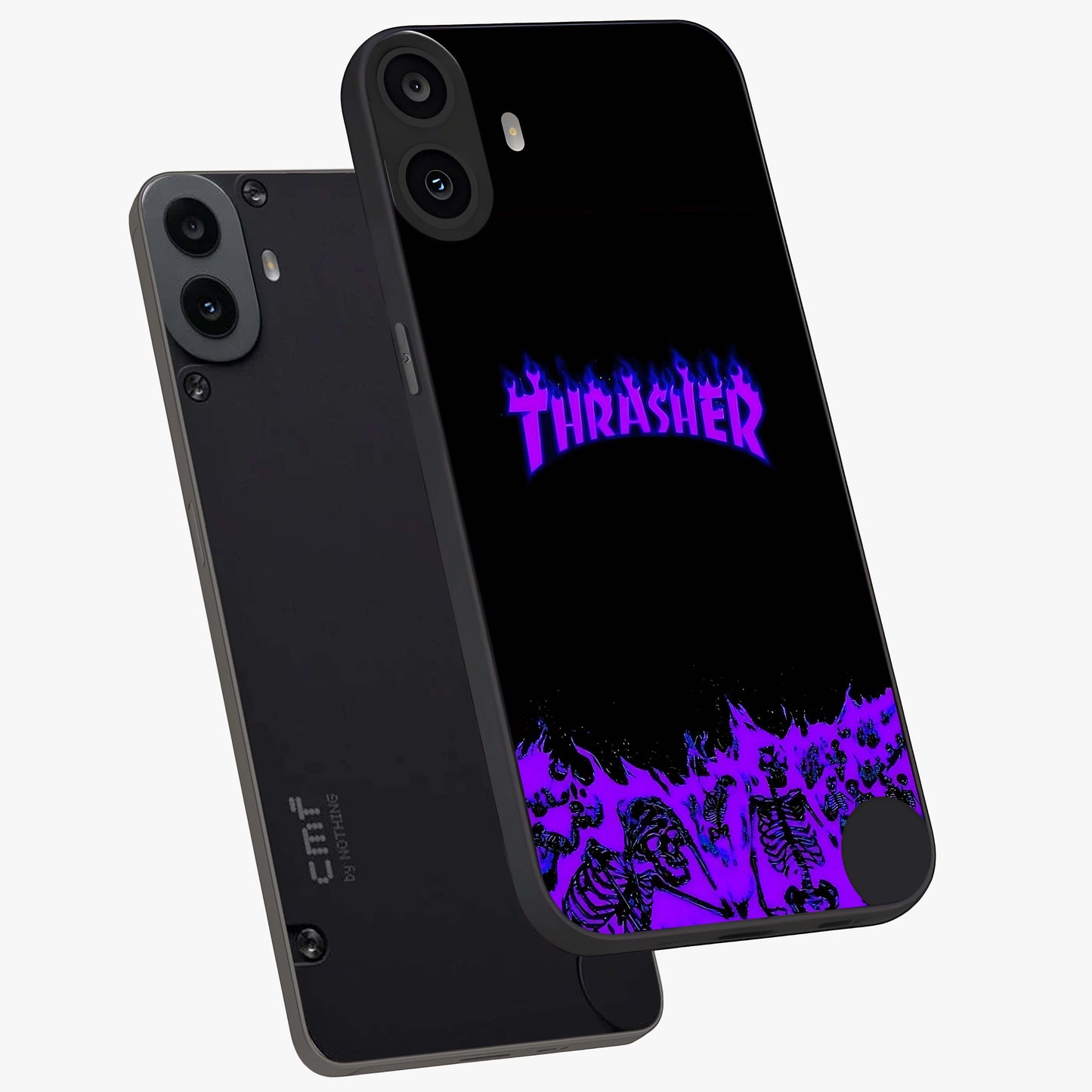 Neon Flame Riot Glass Case displayed in angled mockup highlighting glowing flame design with vibrant neon aesthetic.