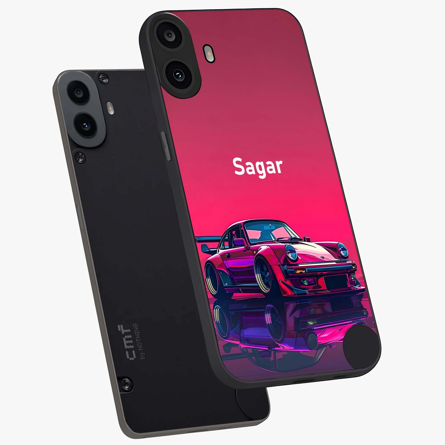Neon Pink Porsche Glass Case displayed in angled mockup highlighting sleek neon pink car design with racing aesthetic.