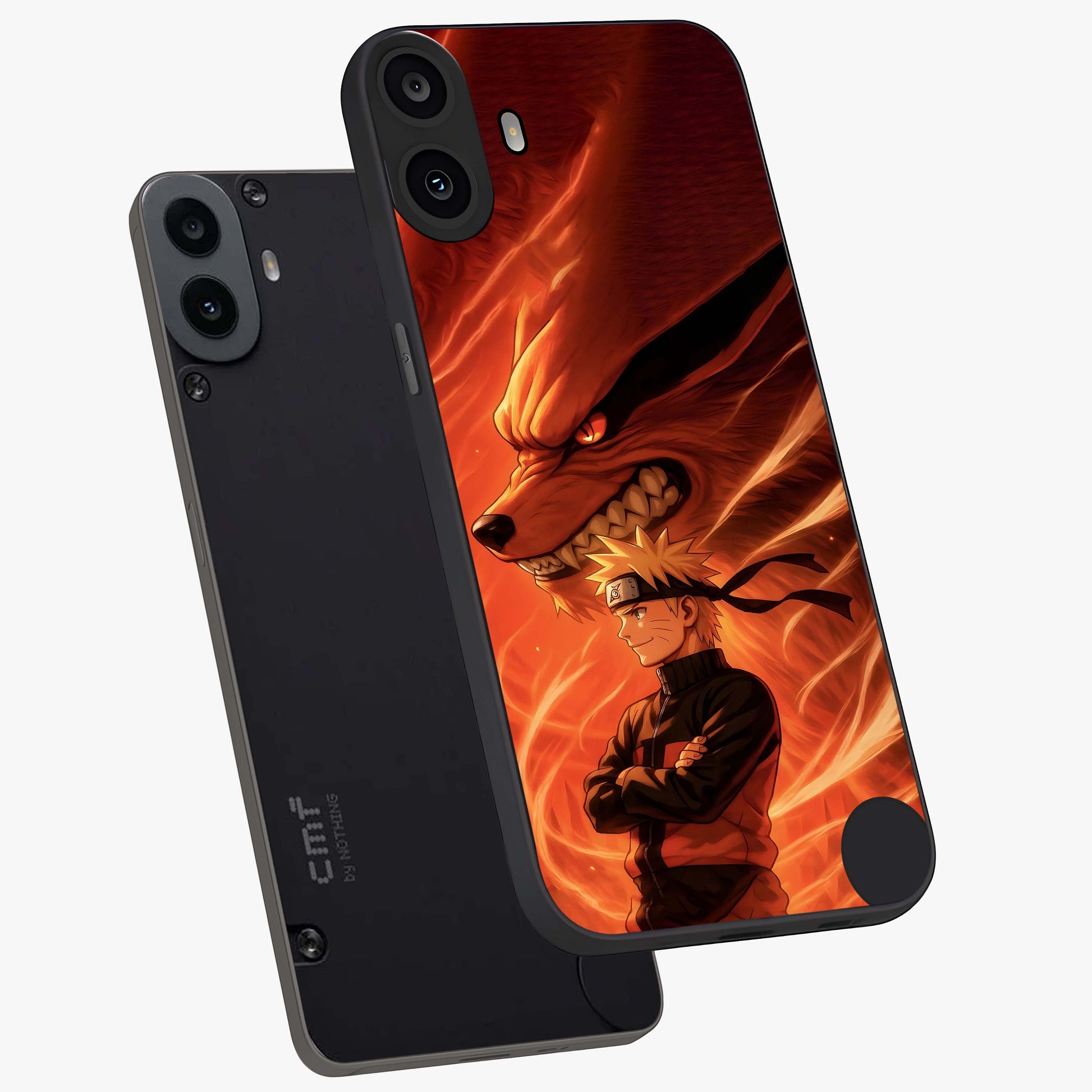 Nine Tails Legacy Glass Case displayed in angled mockup highlighting dynamic anime beast illustration with bold mystical aesthetic.
