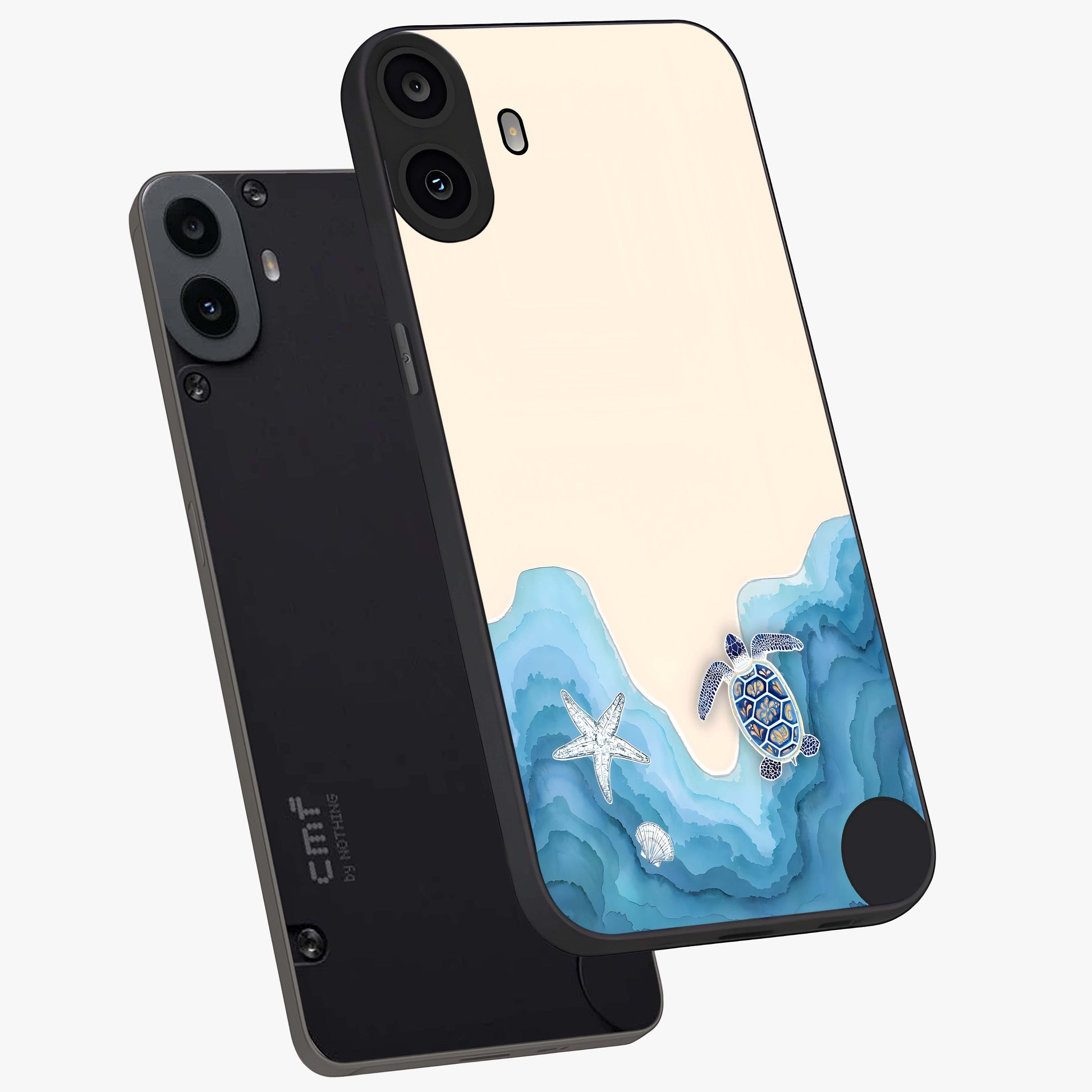 Ocean Drift Turtle Glass Case displayed in angled mockup highlighting peaceful ocean turtle illustration with marine aesthetic.
