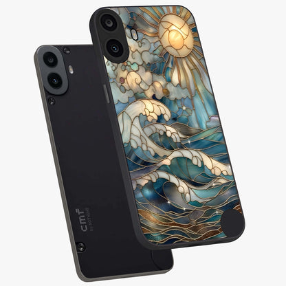 Oceanic Stained Printed Glass Case displayed in angled mockup highlighting colorful aquatic design with artistic aesthetic style.
