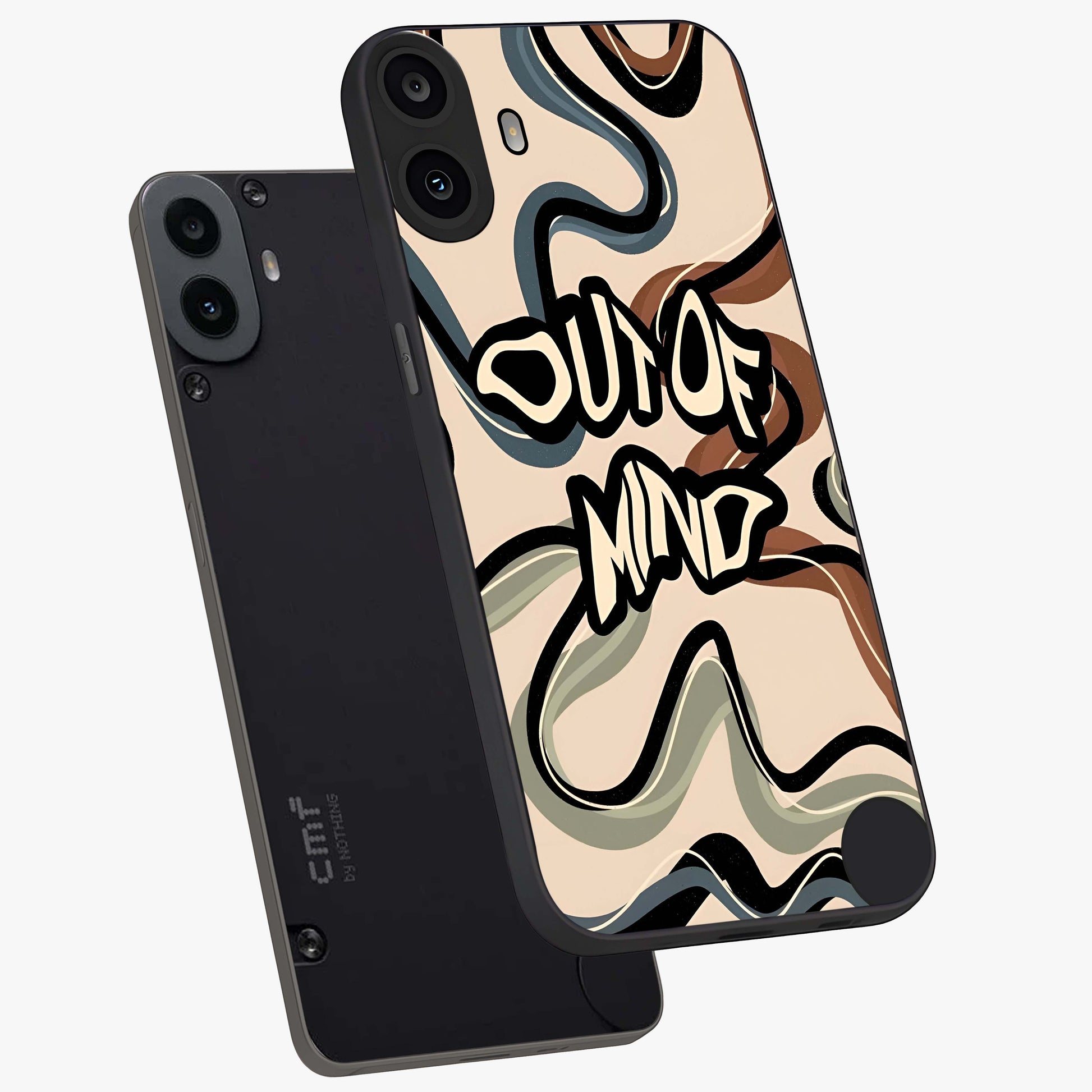 Out Of Mind Glass Case displayed in angled mockup highlighting bold statement design with modern artistic aesthetic.