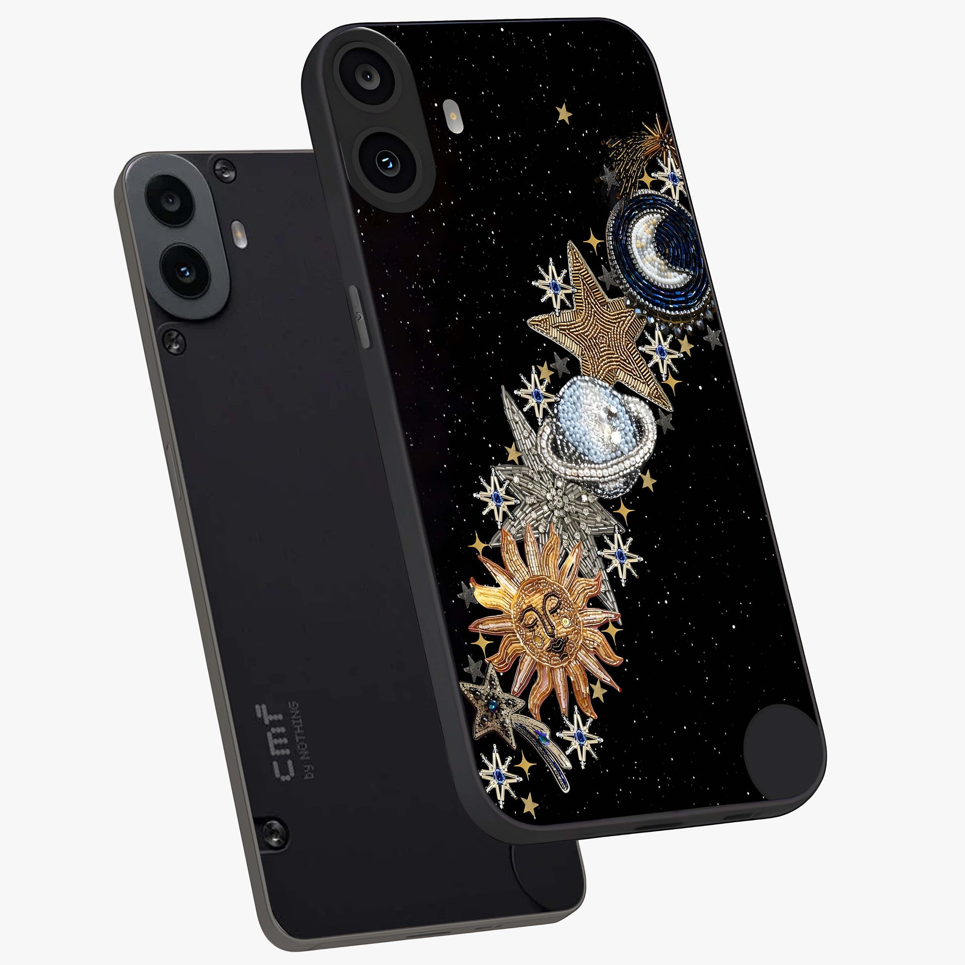 Pearls Universe Object Glass Case displayed in angled mockup highlighting celestial pearl design with dreamy aesthetic.
