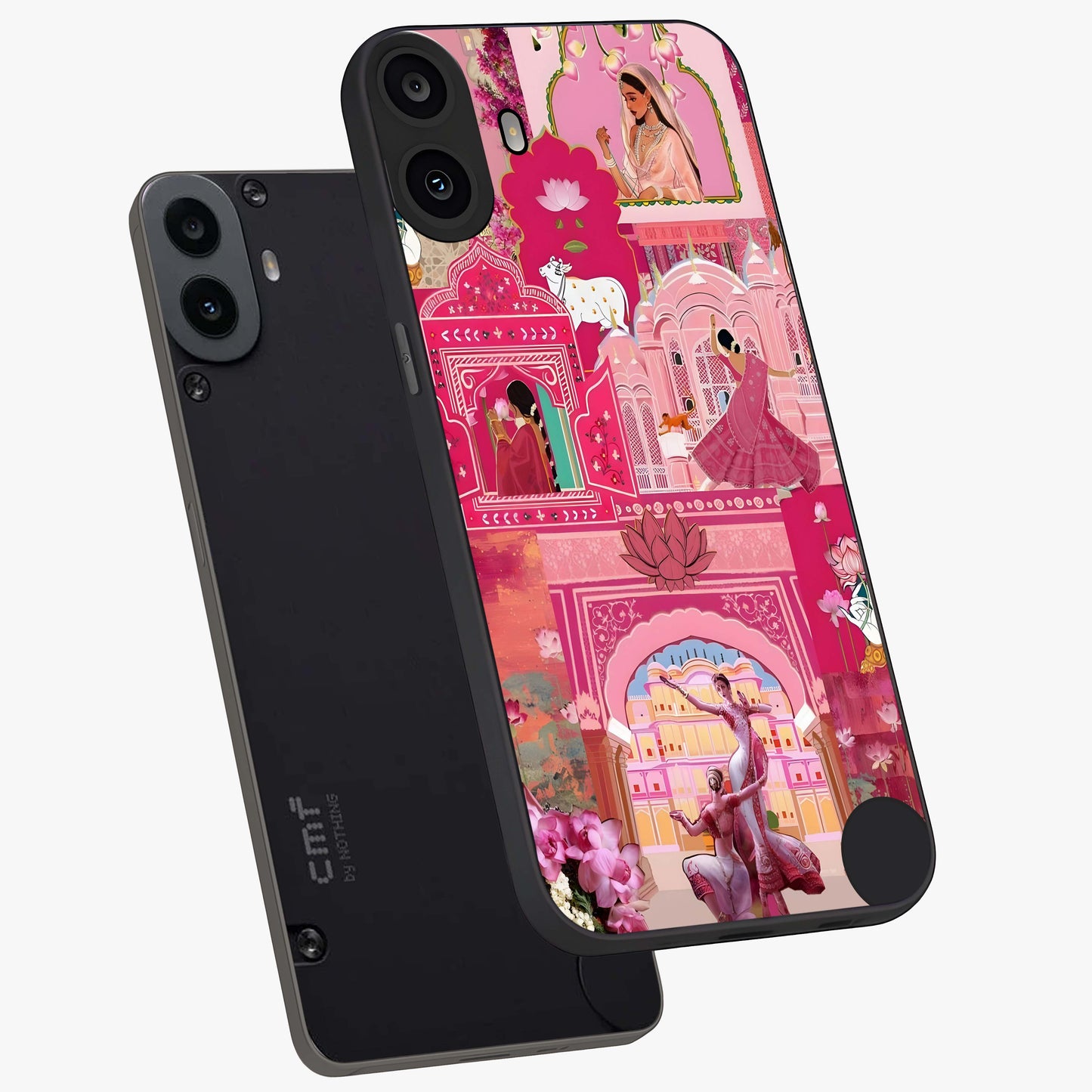 Pink Palace Muse Glass Case displayed in angled mockup highlighting dreamy palace illustration with soft pink aesthetic.