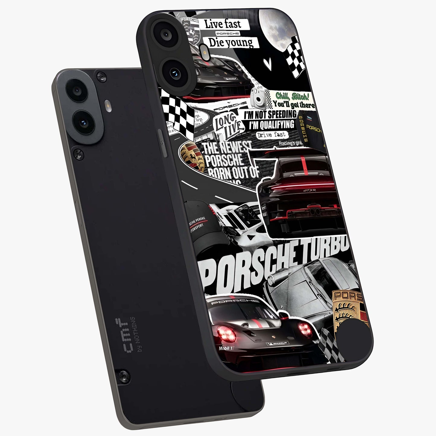 Porsche Racing Collage Glass Case displayed in angled mockup highlighting dynamic automotive design with bold racing aesthetic.