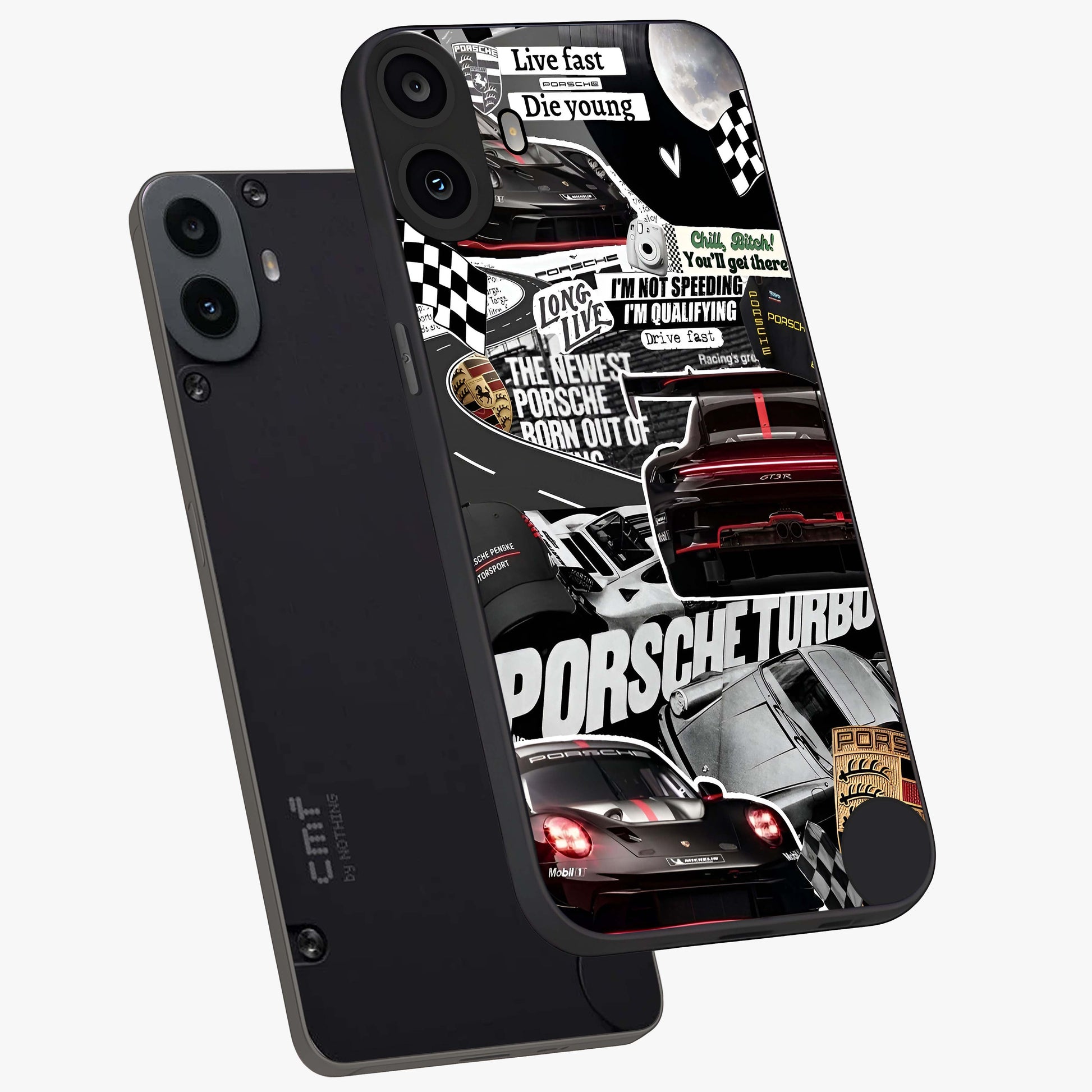 Porsche Racing Collage Glass Case displayed in angled mockup highlighting dynamic automotive design with bold racing aesthetic.
